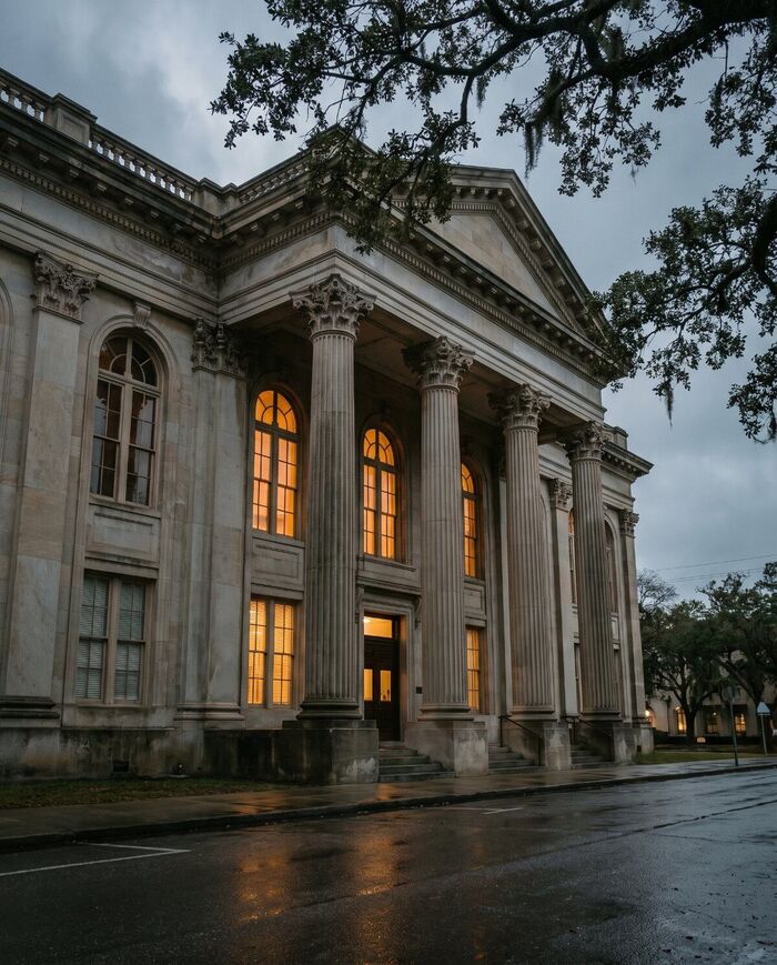 A neoclassical county courthouse at blue hour